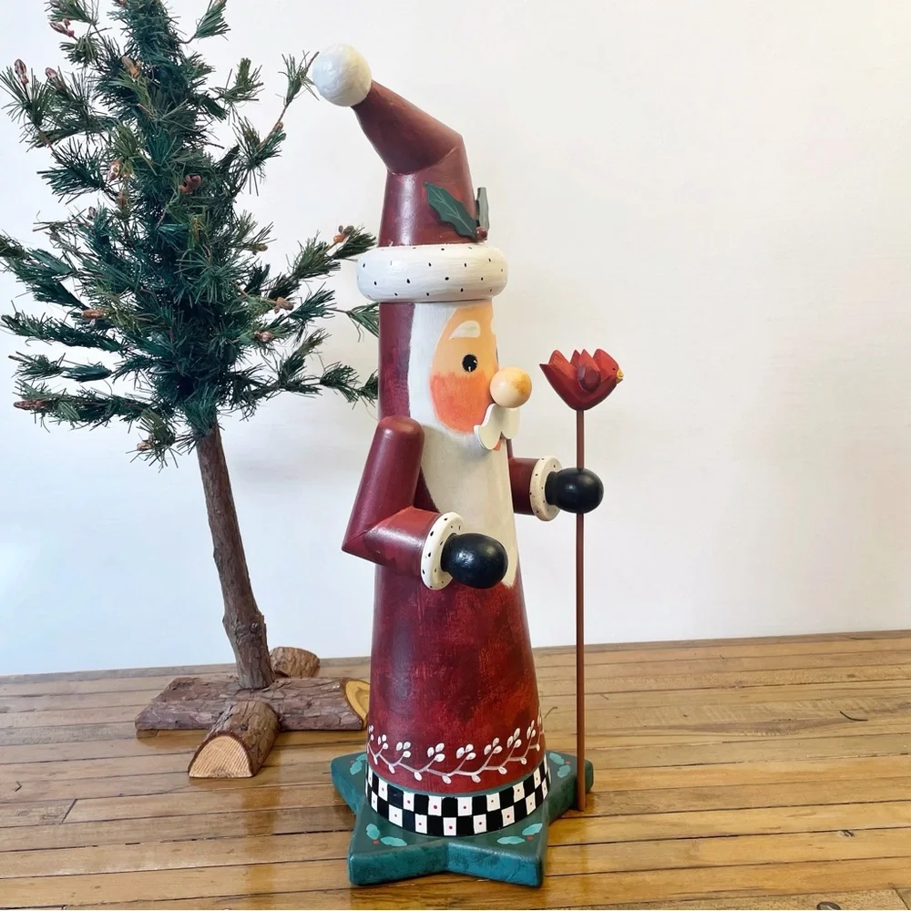 Vintage Elaine Thompson Folk Art Santa with Cardinal Wood Figurine Hand Painted